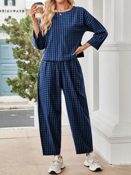 Women's Fall Casual Plaid Print Set, Loose Fit Long Sleeve Top & Elastic Waist Wide Leg Pants Two-Piece for Home Wear, Clothes