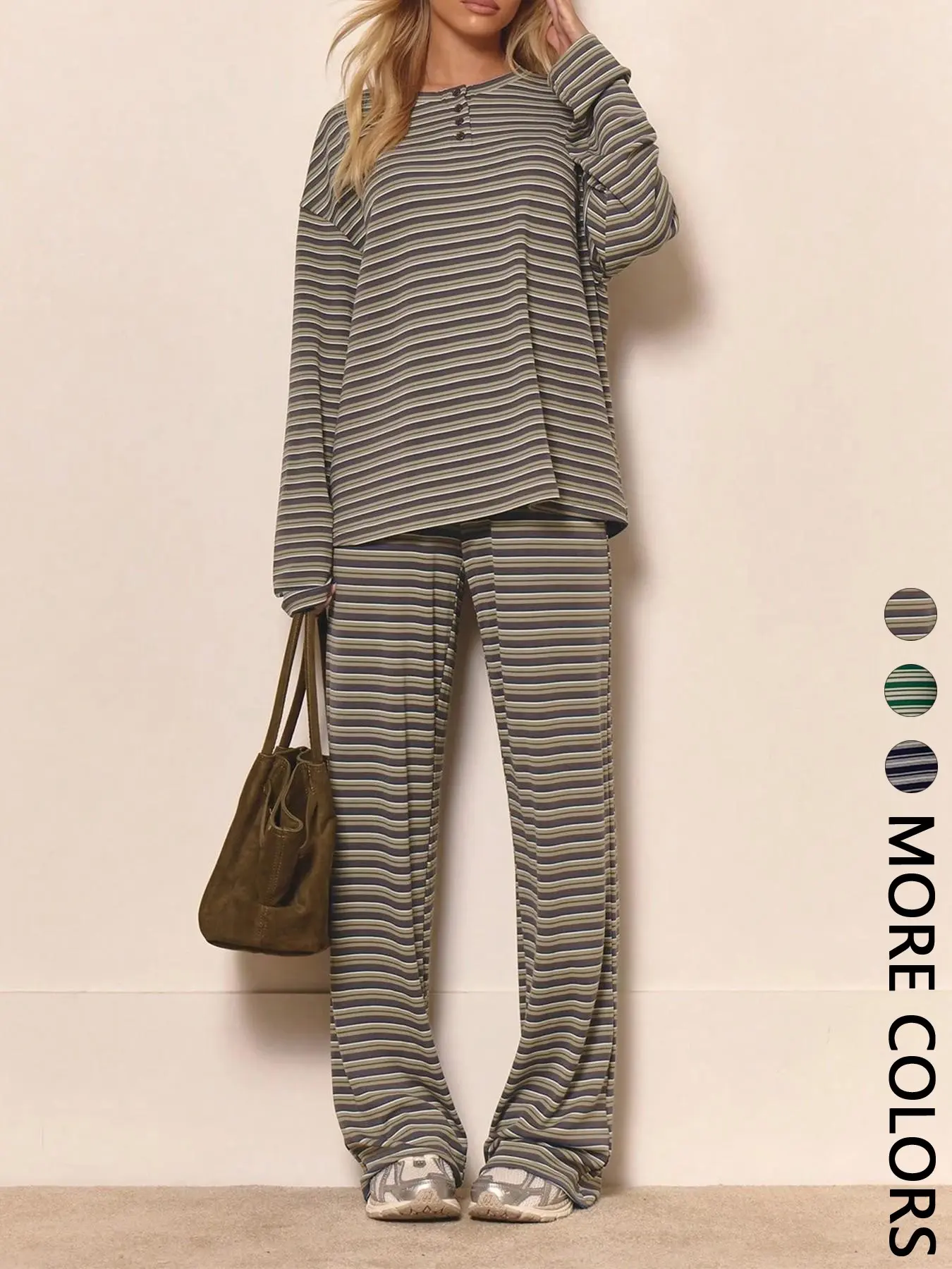 Women's 2 Piece Striped Set Henley Neck Long Sleeve Top & Wide Leg Pants Relaxed Fit Drop Shoulder Silhouette Trendy Loungewear Style Perfect for Daily Wear Cozy Outings