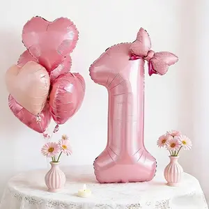 10-Piece Pink Aluminum Foil Balloon Set with Heart-Shaped Balloons (5 heart-shaped balloons + 1 number balloon + 1 bow + 1 ribbon + 1 straw + 1 adhesive dot), perfect for camping themes, graduation ceremonies, bridal showers, weddings, birthdays