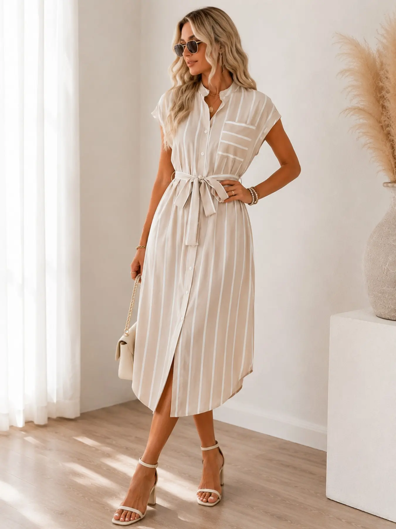 Simple Striped Shirt Dress, Elegant Stand Collar Button Design, Adjustable Waist Belt, Comfortable Straight Fit, Versatile Casual Style, Striped Summer Dresses