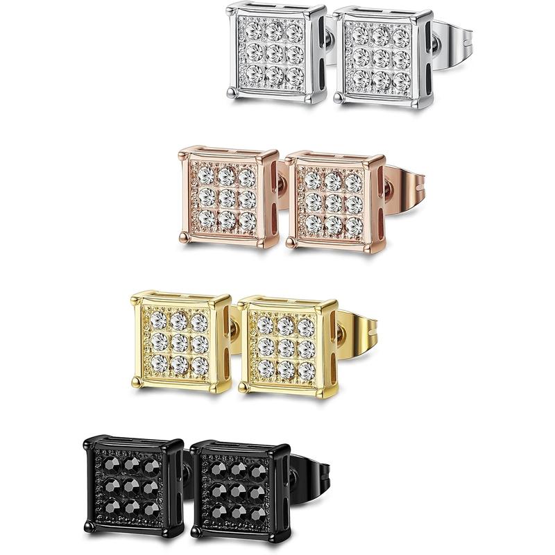 FIBO STEEL 4/8 Pairs 316L Stainless Steel Square CZ Stud Earrings for Men Women 6-8MM AAA+ Shiny Cubic Zirconia Earrings Set