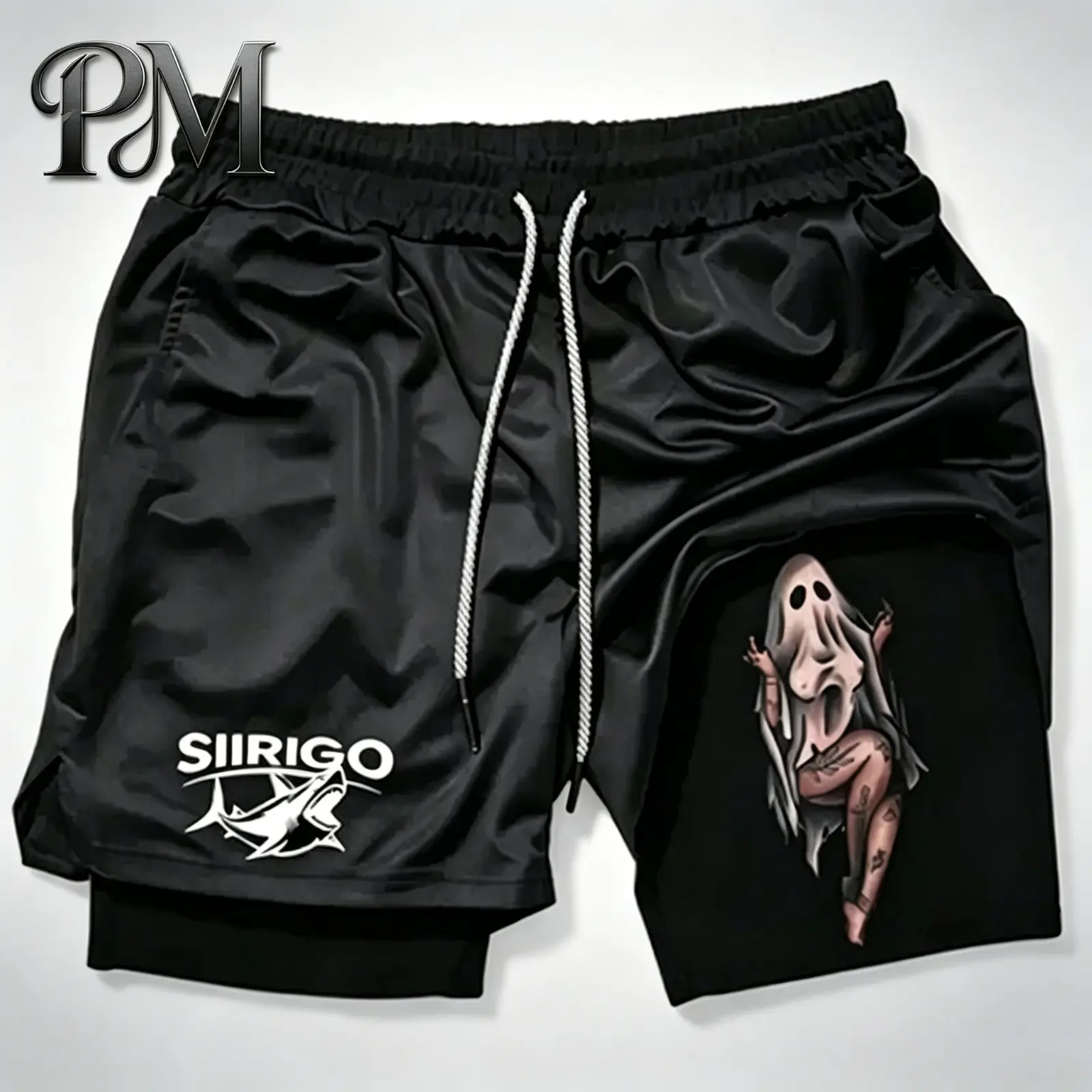 Men’s Tattoo Ghost Graphic 2-in-1 Running Shorts Quick-Dry Bilayer Compression Gym Athletic Training Shorts Y2K Grunge Aesthetic Streetwear Summer Activewear Moisture Wicking Breathable Basketball Jogging Beach Outdoor Fitness Holiday Gift for Men Women