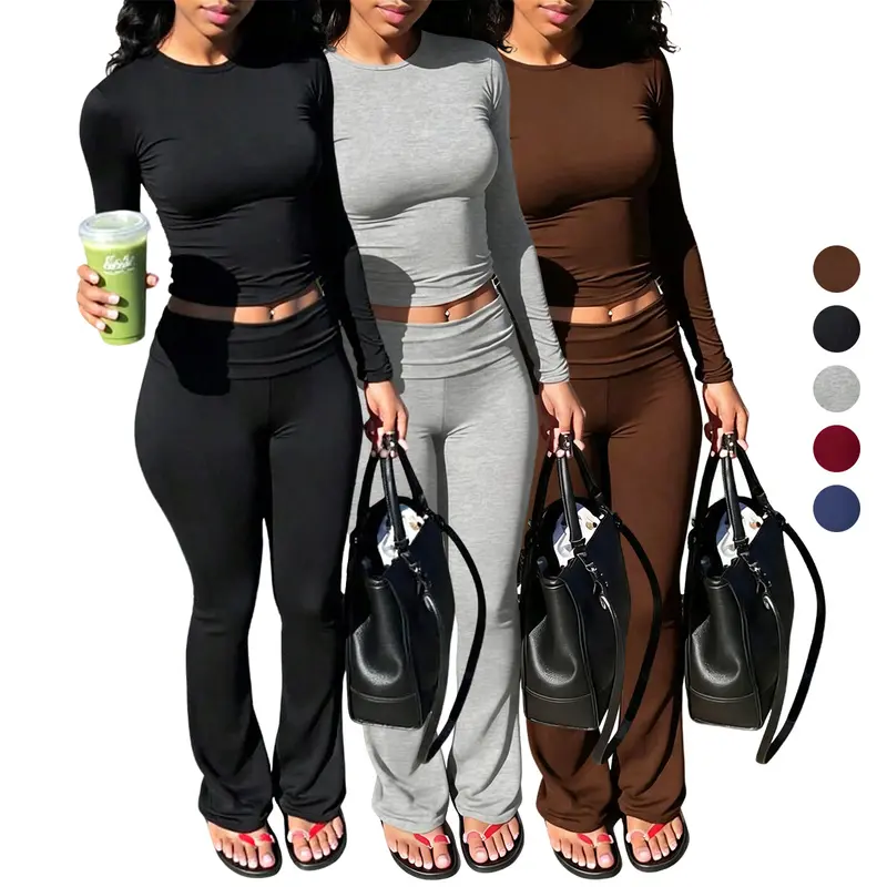 ASANDY 3 Pack Women Two Piece Workout Set Long Sleeve Cropped Top High Waist Flared Pants Solid Color Stretchy Athleisure Outfit For Daily Outdoor Jogging Casual Sports Loungewear