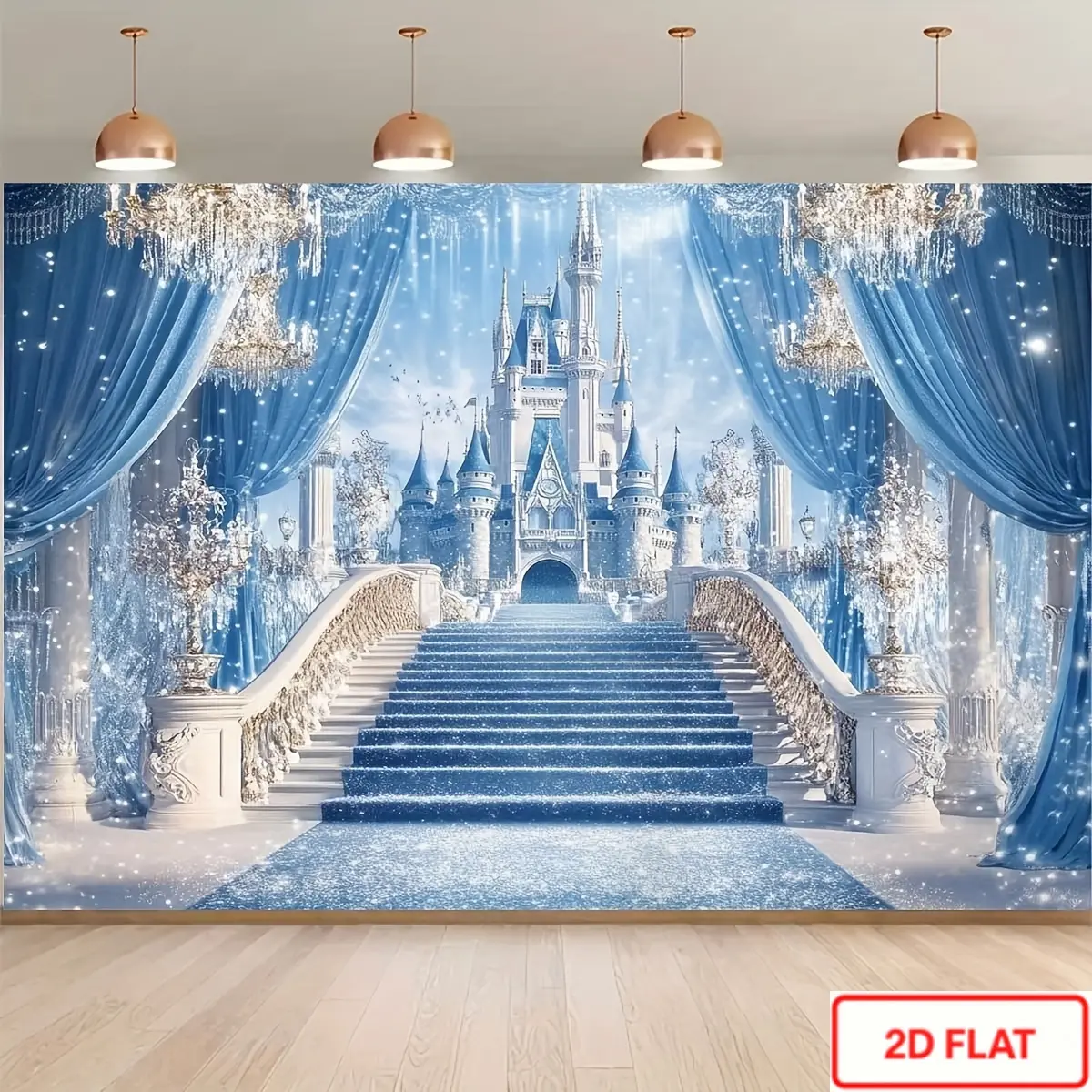 Printed Polyester Magical Castle 2D Plane Banner, Festive Home & Party Supply Decoration with Blue Curtain, Snow-Covered Roof, Elegant Walkway for Studio Props, Indoor Birthday Ceremony Backdrops, Print