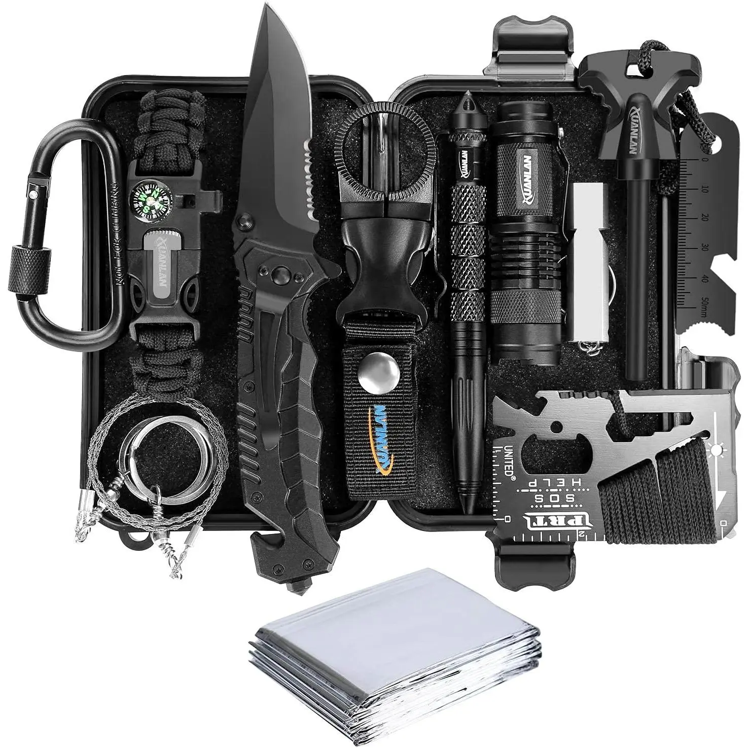 Emergency Survival Kit 13 in 1, Outdoor Survival Gear Tool with Survival Bracelet, Fire Starter, Whistle, Wood Cutter, Water Bottle Clip, Pen (Survival Kit 1)