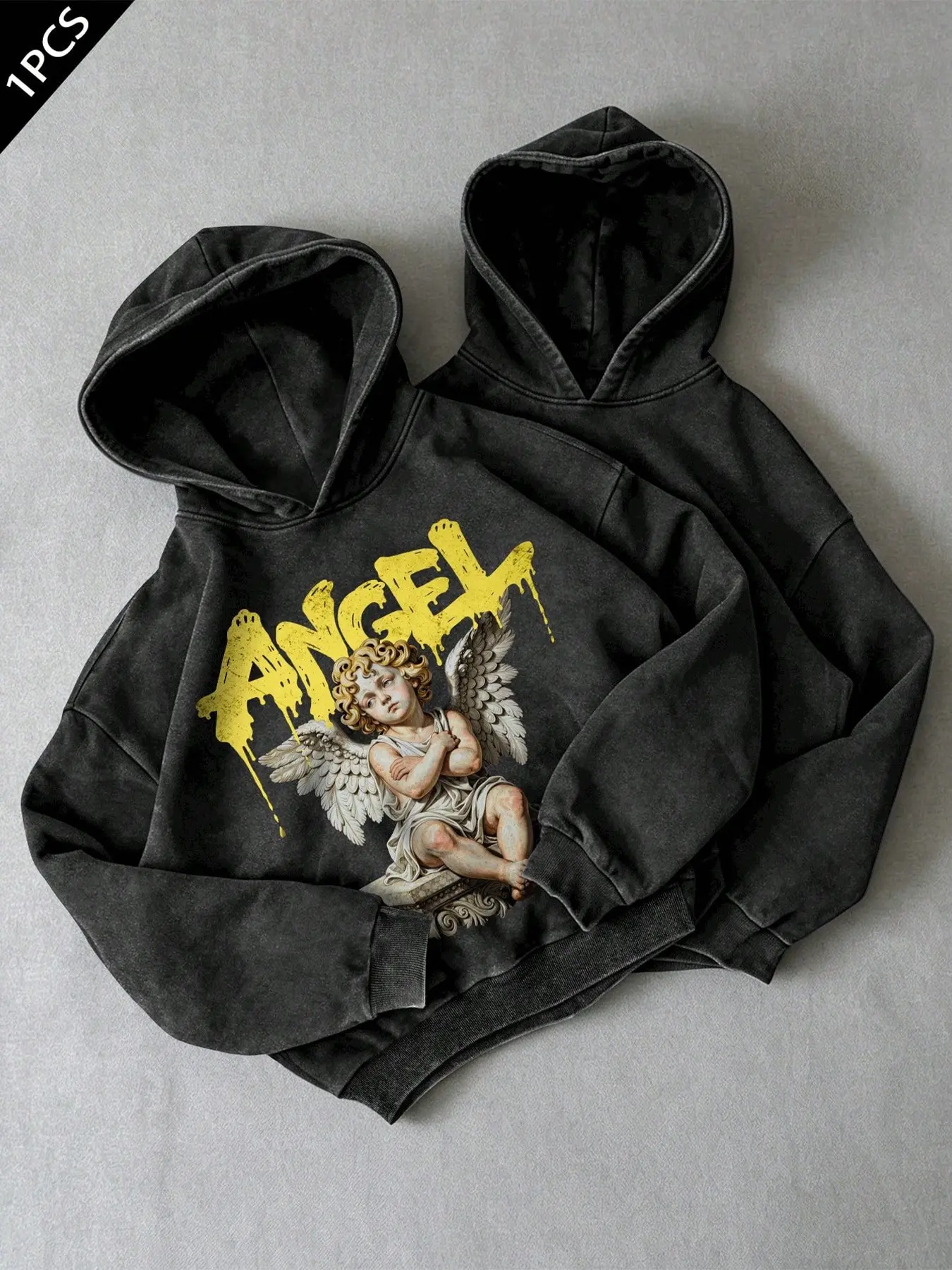Men's Washed Distressed Vintage Hoodie Menswear Printed With Dripping Graffiti ANGEL Letters And Classic Cherub Pattern, Suitable For Street Style, Music Festival And Skate Outfits, Printed Hoodies