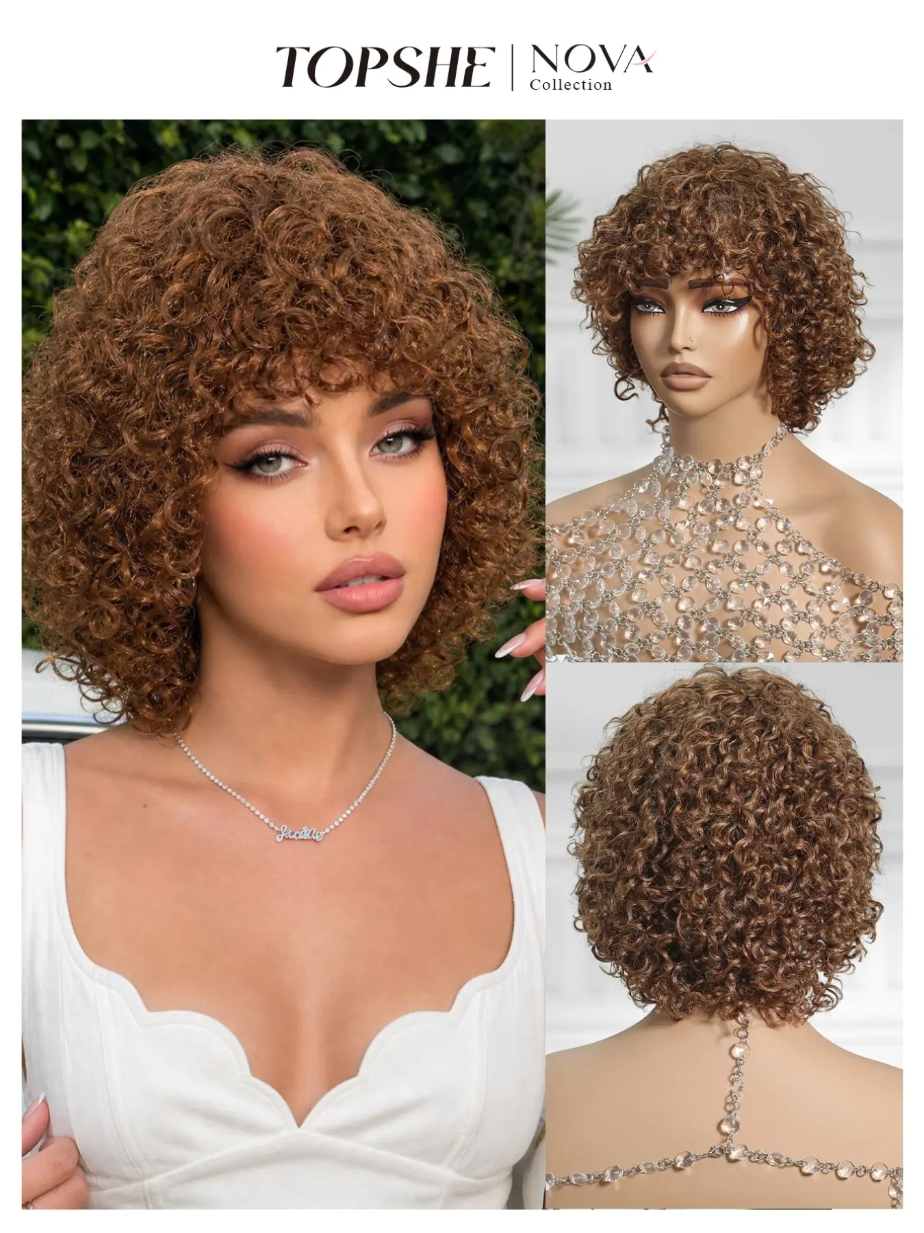 Short Curly Honey Coily Wig for Women, 100% Real Human Hair Wig, Glueless Pre-Plucked Natural Hairline Wig, Lightweight Breathable Short Curly Wig for Daily Wear