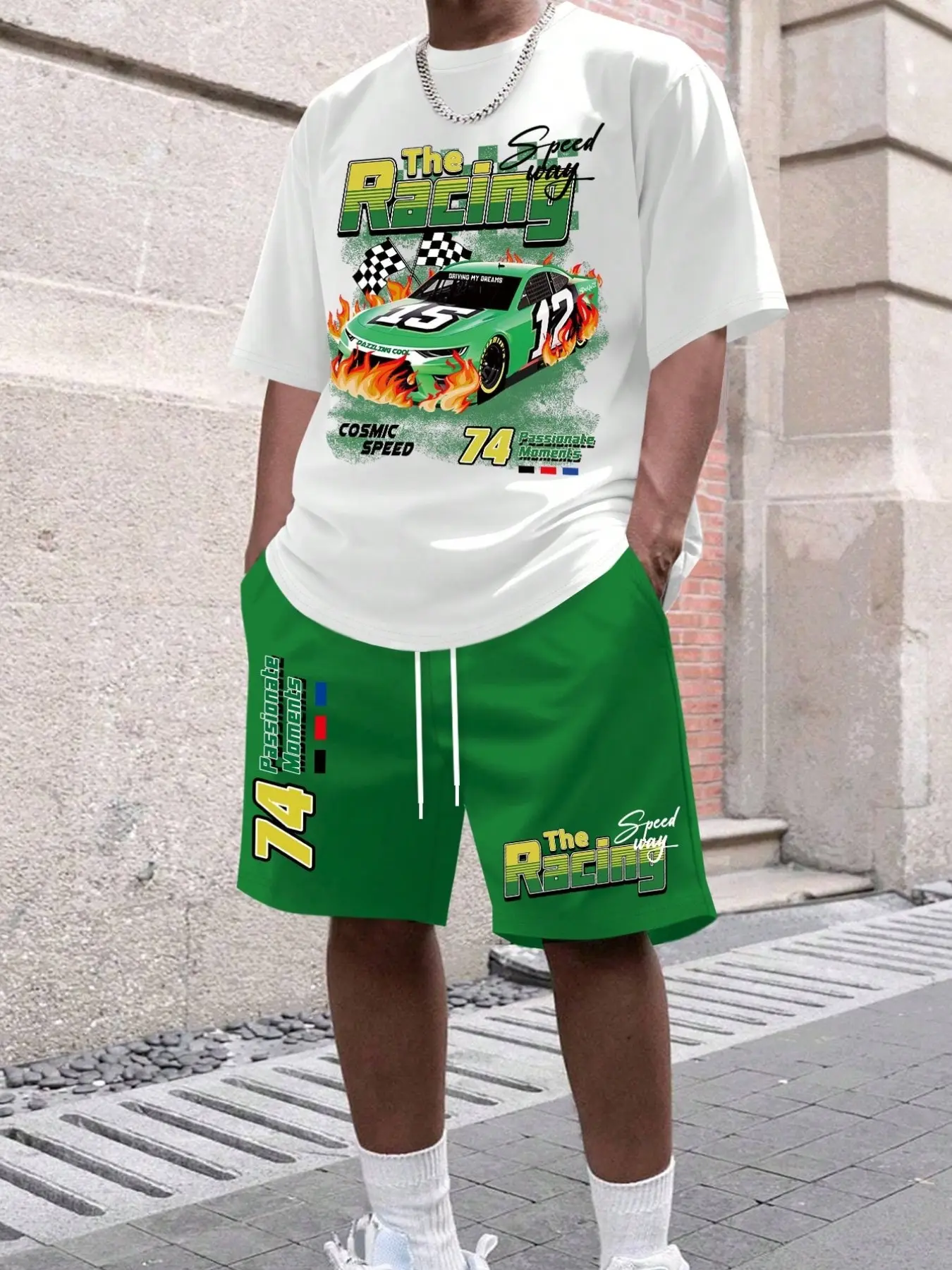 Retro street men's summer suit, American sports slogan texture, eye-catching clothing for city shopping