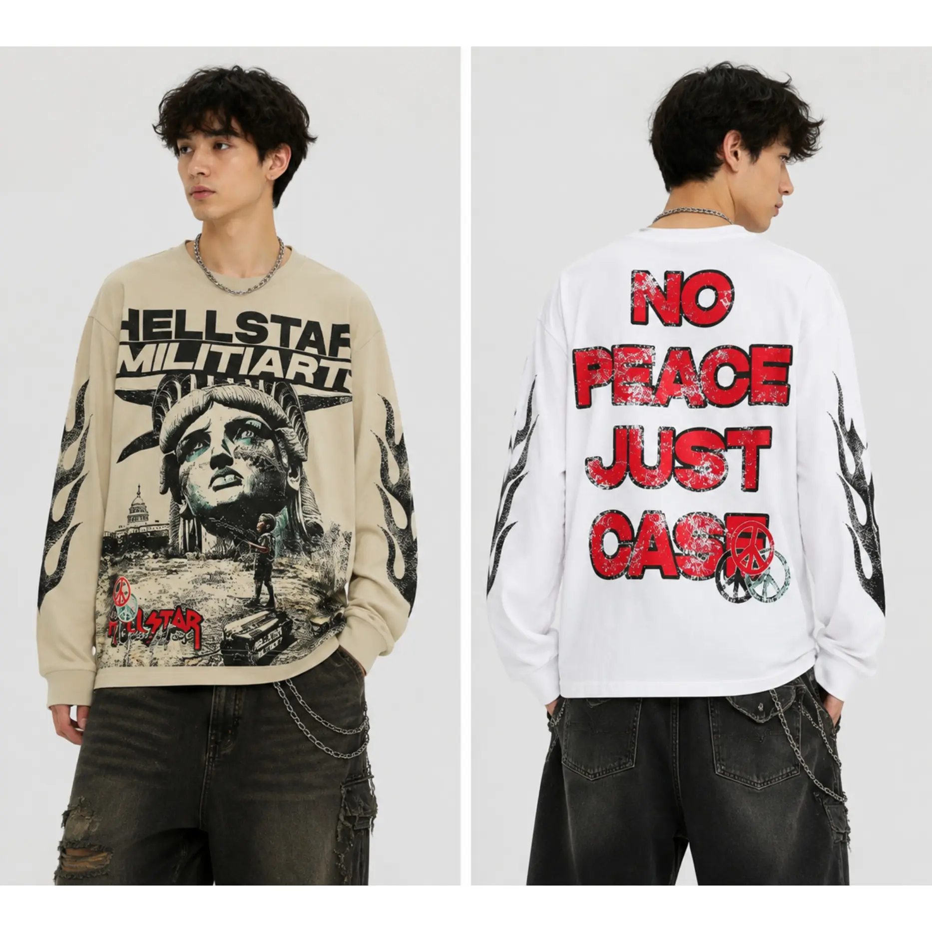Hellstar Vintage Graphic Long Sleeve T Shirt Men Oversized Streetwear Tee Heavy Cotton Retro Washed Shirt Y2K Fashion Statue Print Double Side Graphic Top Flame Sleeve Casual Unisex Clothing