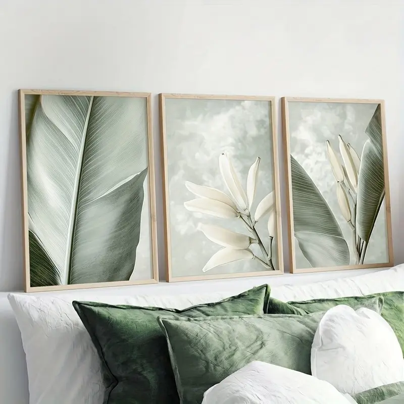 3pcs Set of Unframed Pale Green Plant Wall Art, Banana Fruit And Leaf Print, Tropical Poster, Minimalist Modern Decor, Canvas Art, Suitable for Living Room, Bedroom, Kitchen, Home Office, Cafe, Bar, Dormitory, Hallway, Home And Room Decoration