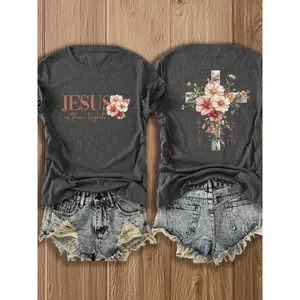Jesus Floral Cross Double-Sided Print T-shirt - Stylish Faith-Inspired Design for Casual Wear, Perfect for Christian Women, Trendy and Comfortable -blend T-shirt with Double-sided Print