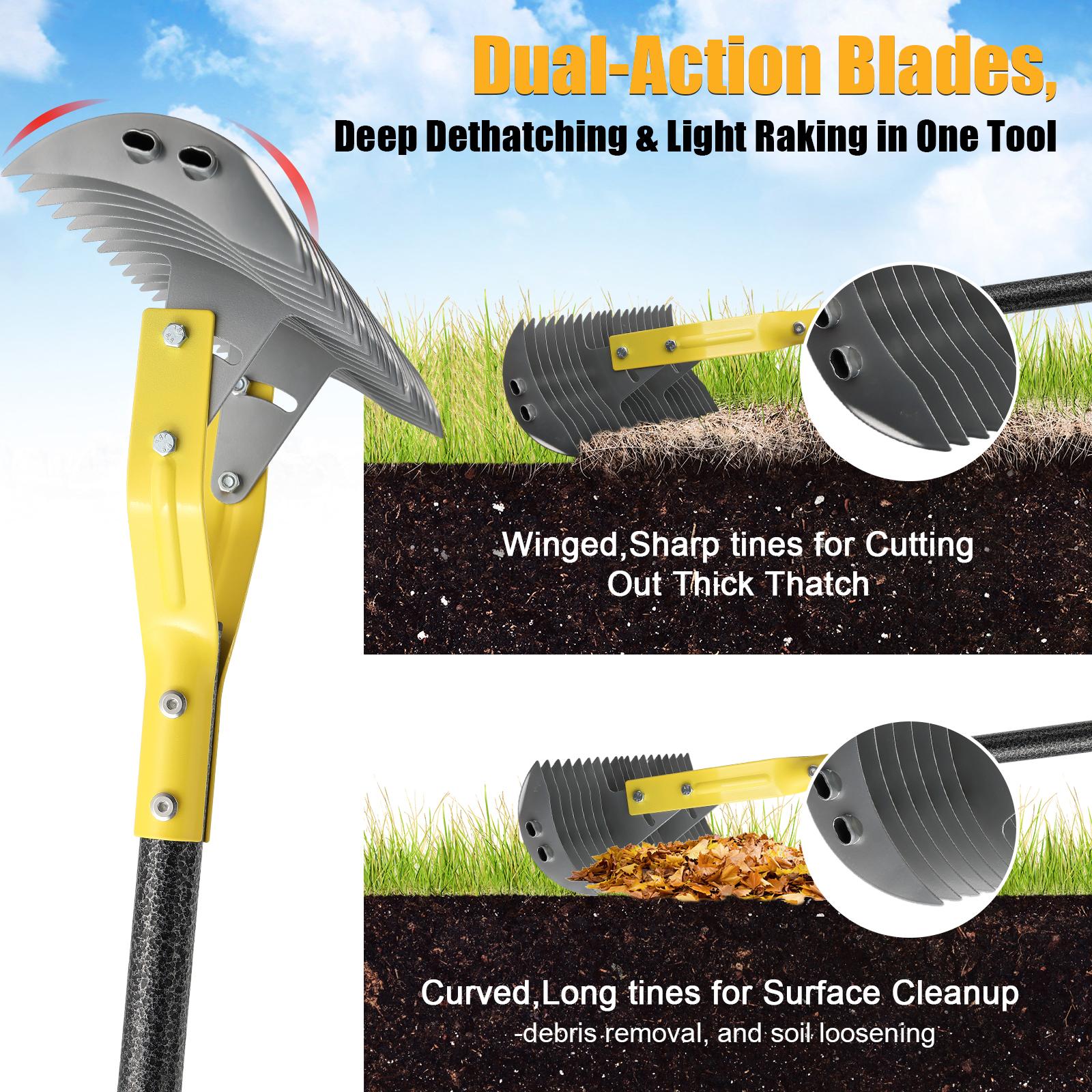 Thatch Rake, Heavy Duty Lawn Thatching with Adjustable Stainless Steel Handle,Multiple Garden Rake for Leaves,Lawn Loosening Soil,Backyard,Garden