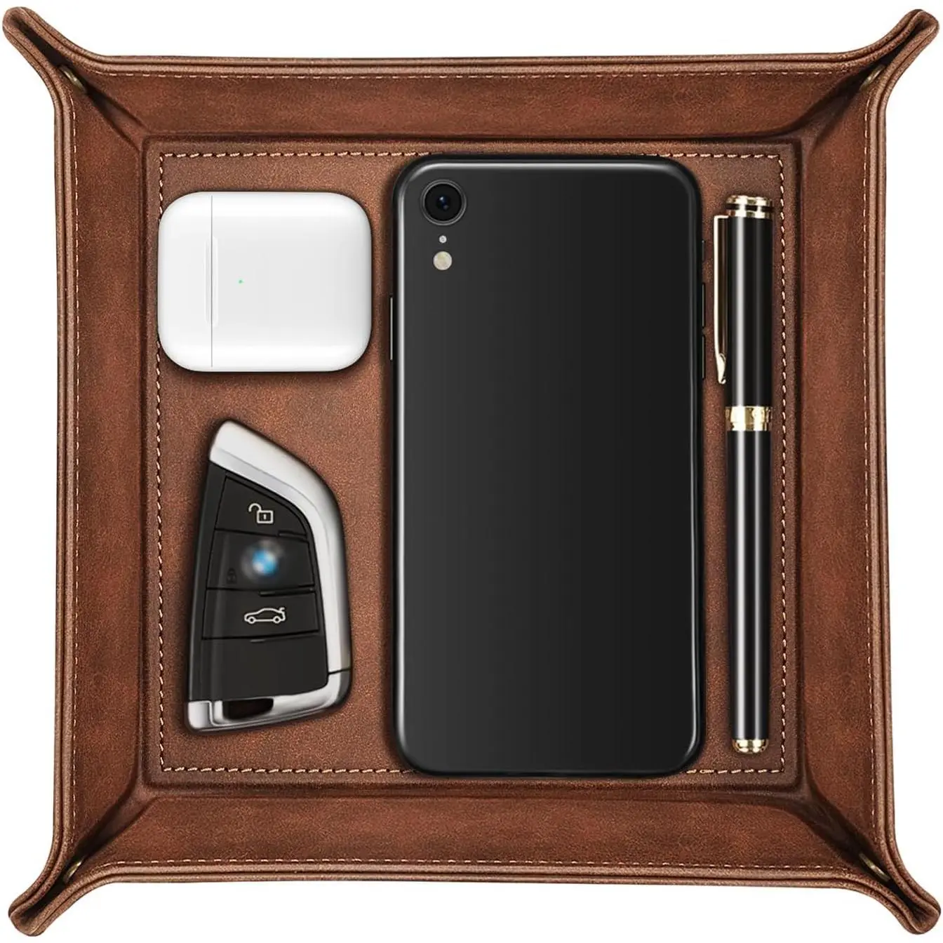 Valet Tray Desktop Storage Organizer Nightstand Caddy Holder | Premium PU Leather Catchall Bedside Vanity Tray for Keys, Phone, Wallet, Coin, Great Gift Idea, Brown