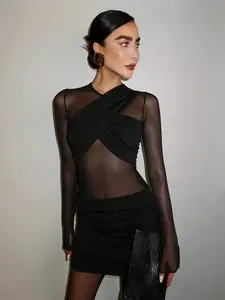 Sexy Women's Sheer Mesh Fabric Panel Bandage-Style Design Dress. Casual Niche Nightclub Rave Slim Bodycon Mini Dress. Minimalist Hot Girl Long-Sleeve Party Dress.