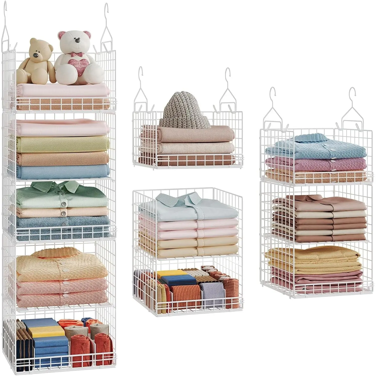 5-Tier Movable Hanging Closet Organizer Shelf with 4 Hooks, 2 Adjustable Dividers, Wire Storage Bins, Foldable for Shirts, Sweaters, Handbags (Indoor Furniture Closet Rack), Racks