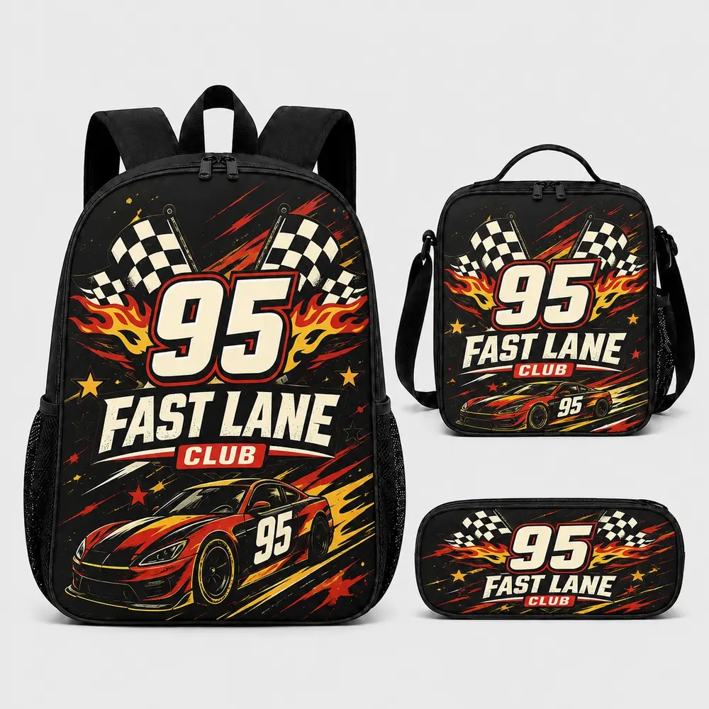 "Fast Lane Club 95" Racing-Themed 3-Piece Backpack Set for Boys (Multiple Styles Available) - Includes a spacious, lightweight backpack, a lunch bag, and a pencil case; an excellent back-to-school or birthday gift for racing enthusiasts.