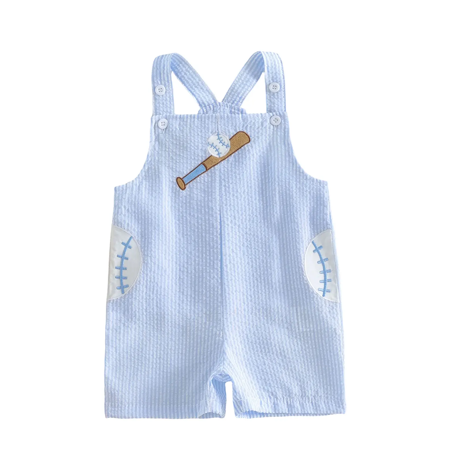 Toddler Baby Boy Baseball Outfit Baseball Embroidery Striped Sleeveless Romper Suspender Jumpsuit Kids Summer Overall Clothing