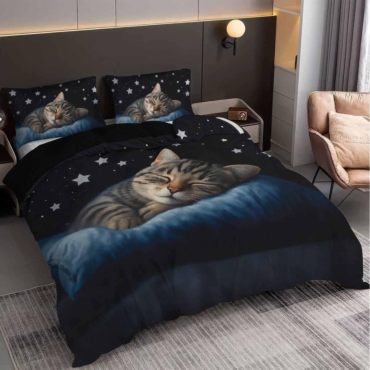 3pcs Cat sleeping pattern printed bedding set, 1 quilt cover and 2 pillowcases, breathable polyester fiber, suitable for all seasons, suitable for teenagers and adults' bedrooms, home decoration, Soft Bedding Set
