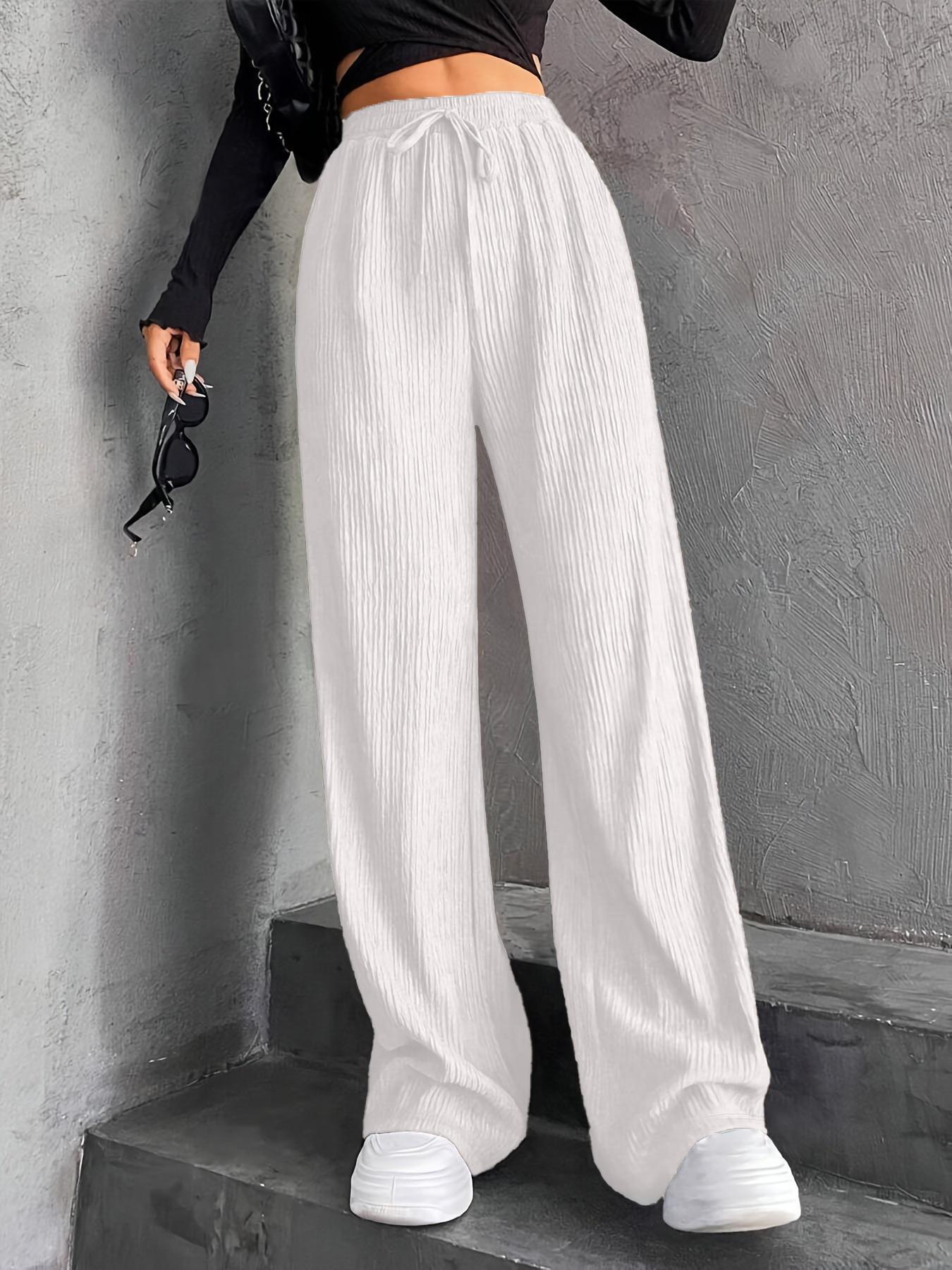 Women's Textured Tie Front Elastic Waist Straight Leg Pants, Casual Comfy Trousers for Daily Wear, Ladies Bottoms for All Seasons
