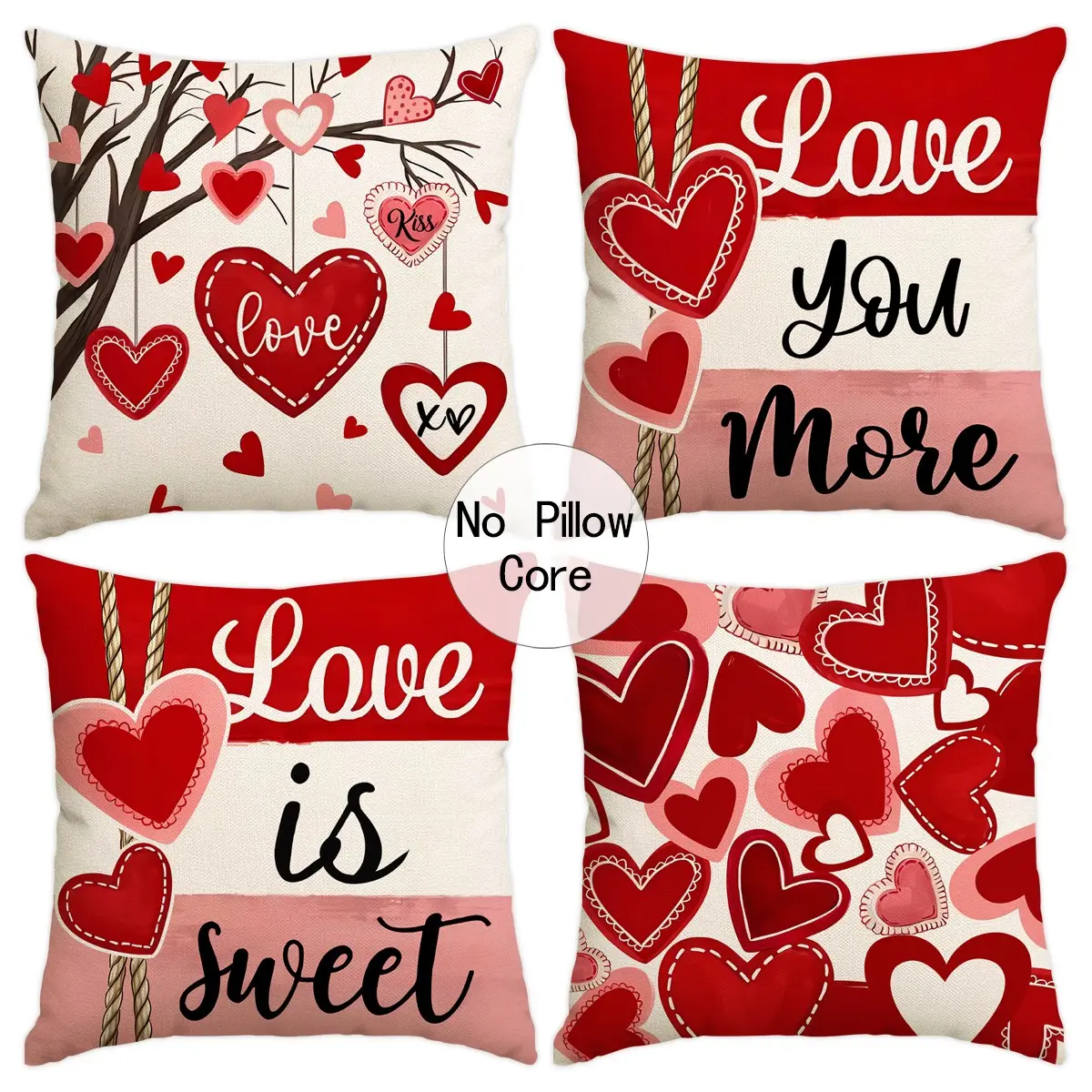 4pcs Valentine's Day Pillow Cover 18x18 inches, Valentine's Day Red Heart Love You More Decoration Wedding Valentine's Day Evening Party Cushion Cover, Room Living Room Sofa Bedroom Car Seat Decoration Pillow Cover (without pillow core)