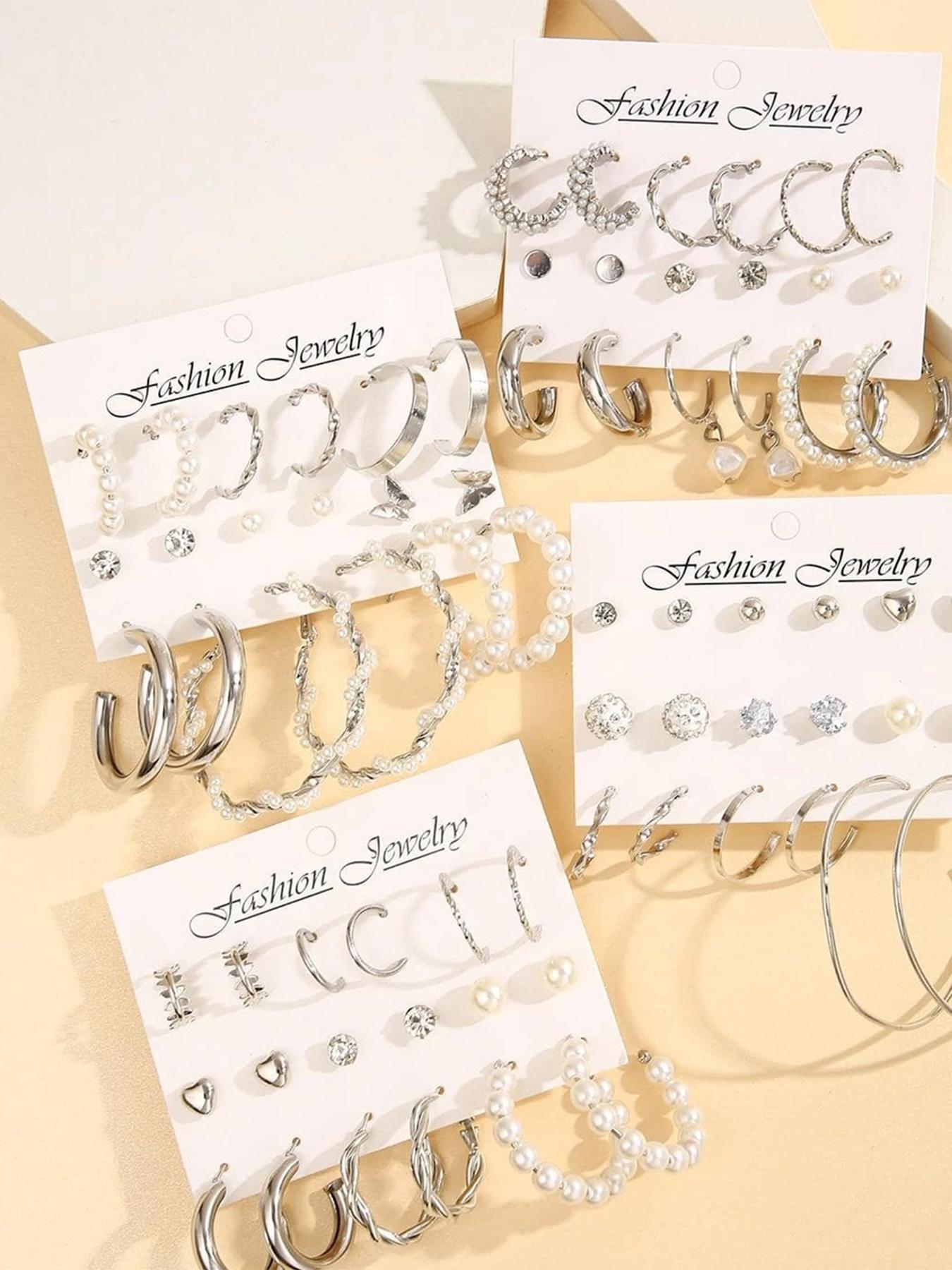 Mixed Shape Elegant Rhinestone & Faux Pearl Decor Dangle Earrings Set, Fall Geometry Hoop Earrings Set, Fashion Vintage Jewelry for Women & Girls for Back To School, Fall Freshness, Girlfriend Gifts