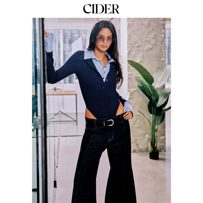 Cider Two Tone Cotton Collar Striped Long Sleeve Bodysuit