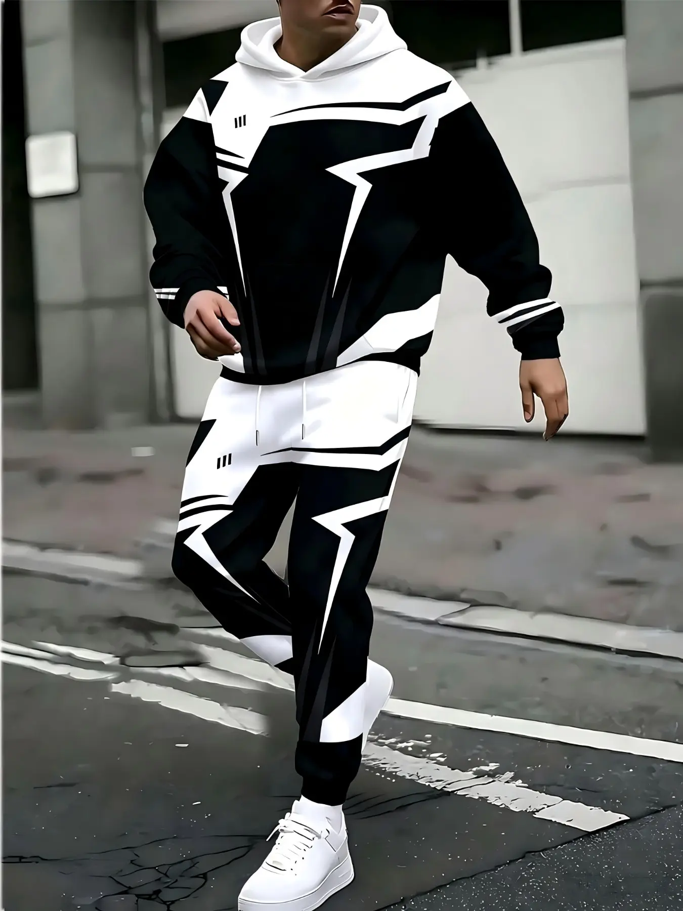Men's 3D Print Hoodie Set, Striped Geometric Wolf Tiger Pattern, Casual Streetwear Sportswear, Loose-Fitting Two-Piece
