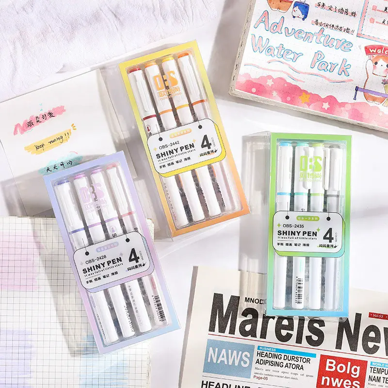Pastel Shimmer Highlighter Pens, 4 Pack Double Ended Marker Set for Children and Teens, Quick-Dry Low-Bleed Ink for Journaling & Scrapbooking, Back-to-School Supplies, Glitter, Low Bleed-Through, Dual Tip Highlighter Pens