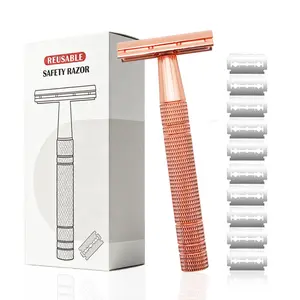Double Edge Safety Razor, 1 Set Reusable Metallic Face Razor with 10pcs Replaceable Blade, Single Blade Razors for Men & Women, Men's Care Products, Shaving Set