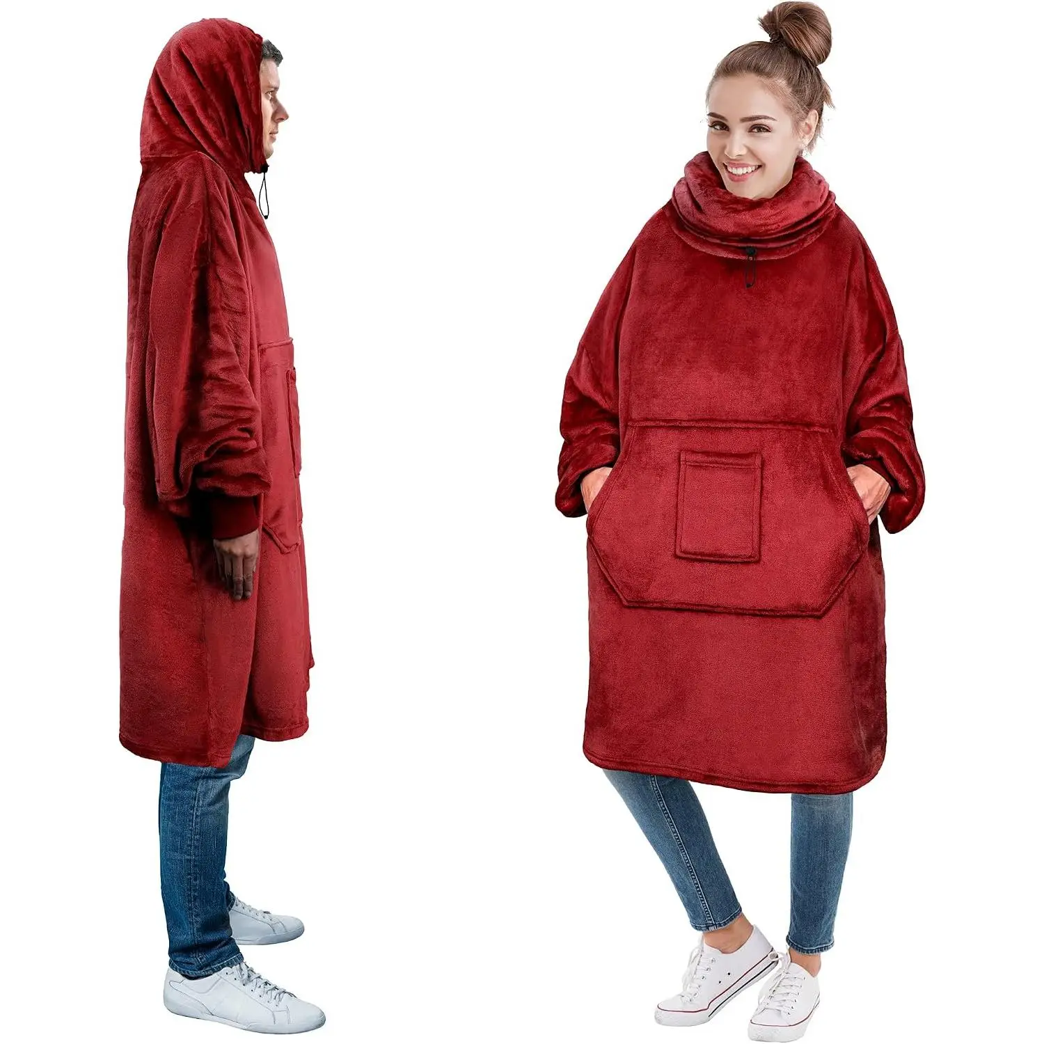 Wearable Blanket Hoodie for Women Men,  Hoodie Sweatshirt Blanket, Hooded Sweater Blanket  Warmer, Fleece Soft Hug Sleep Pod Adult, Cozy Warm Plush  Ideas for Mom Wife, Red