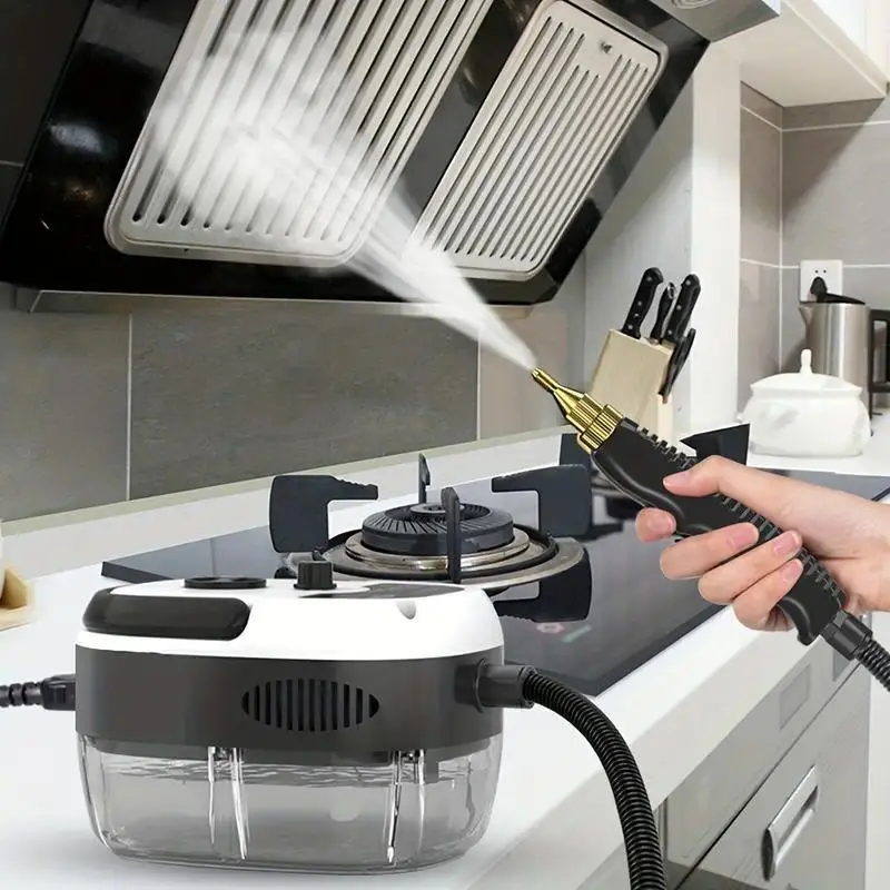 Compact Portable Handheld Steam Cleaner with Brush Heads, 2500W Power, Anti-Skid Grip, High-Temp Pressurized Steam, Plastic&Metal Build, 110V US Plug, No Battery Required, for Kitchen-Bathroom Furniture, Hardwood, Laminate, Tile Floor Cleaning