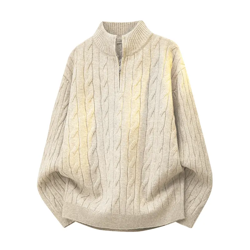 Men’s Fall Winter Mock‑Neck Half‑Zip Pullover Sweater, Cable Twist Textured Knit Fabric, Ribbed Trim At Collar Cuffs and Hem, Daily Vintage Casual Knitwear Jumper # sohochic