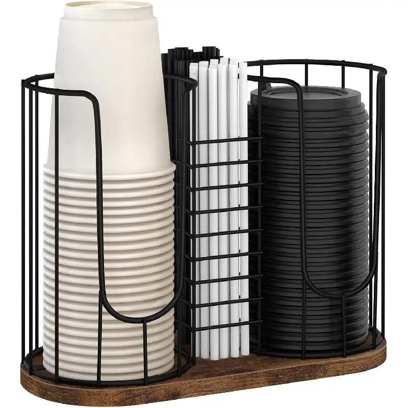 Coffee Cup Holder 18oz 3-Compartment Paper Cup Dispenser Rack with Wood Base - Disposable Cup, Straw & Lid  3-in-1 Storage for Countertop, Coffee Bar, Kitchen, Office