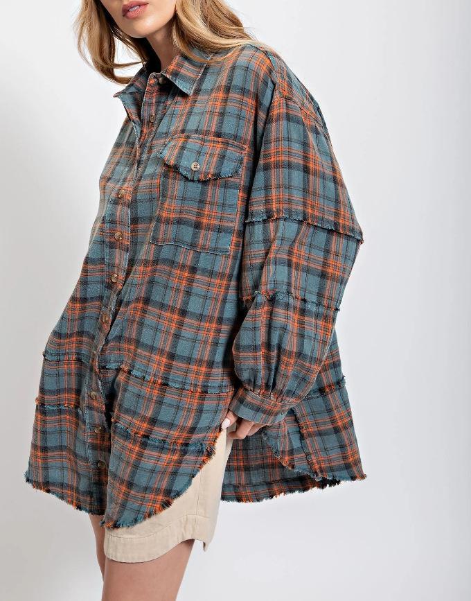 Women's Autumn and Winter New Frayed Lantern Sleeve Loose Button Plaid Shirt Top Womenswear