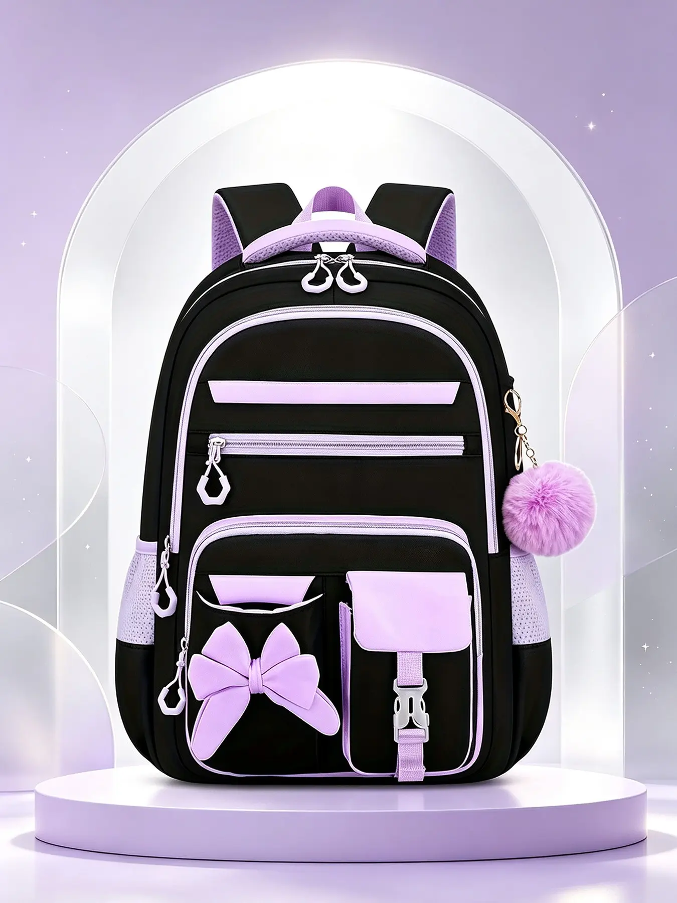 1 Piece Black Pink Color Block Multi-Layer Zipper Backpack Fabric Bow Decor Fluffy Pom Pom Pendant Mesh Padded Shoulder Straps Side Mesh Bottle Pockets Large Capacity Daily Storage Backpack for Campus Study Weekend Short Trip Casual Daily Outing