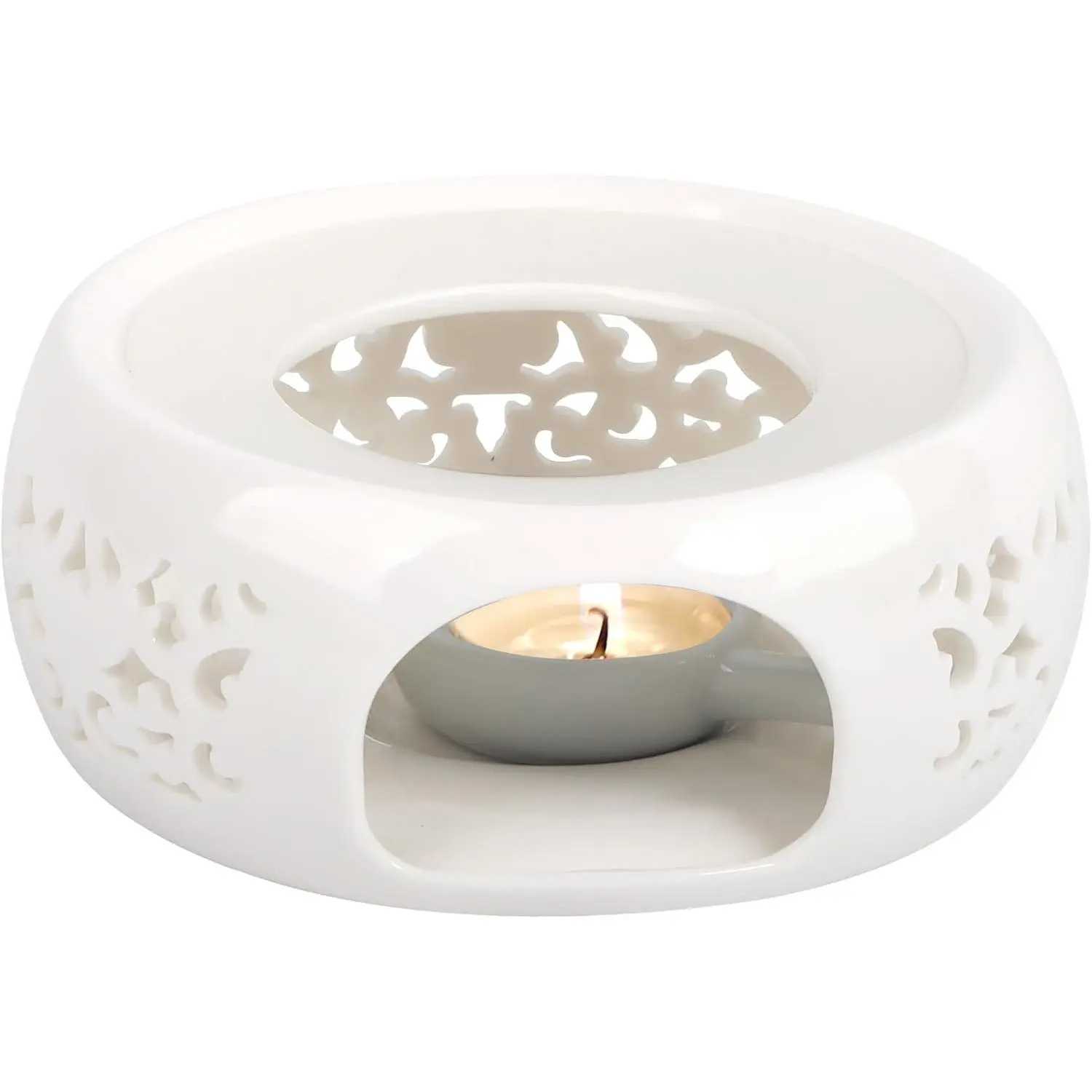 Ceramic Teapot Warmer with Tealight Holder, Teapot Heater for Heating Tea Coffee Milk, Candle Tea Light Warmer (White)