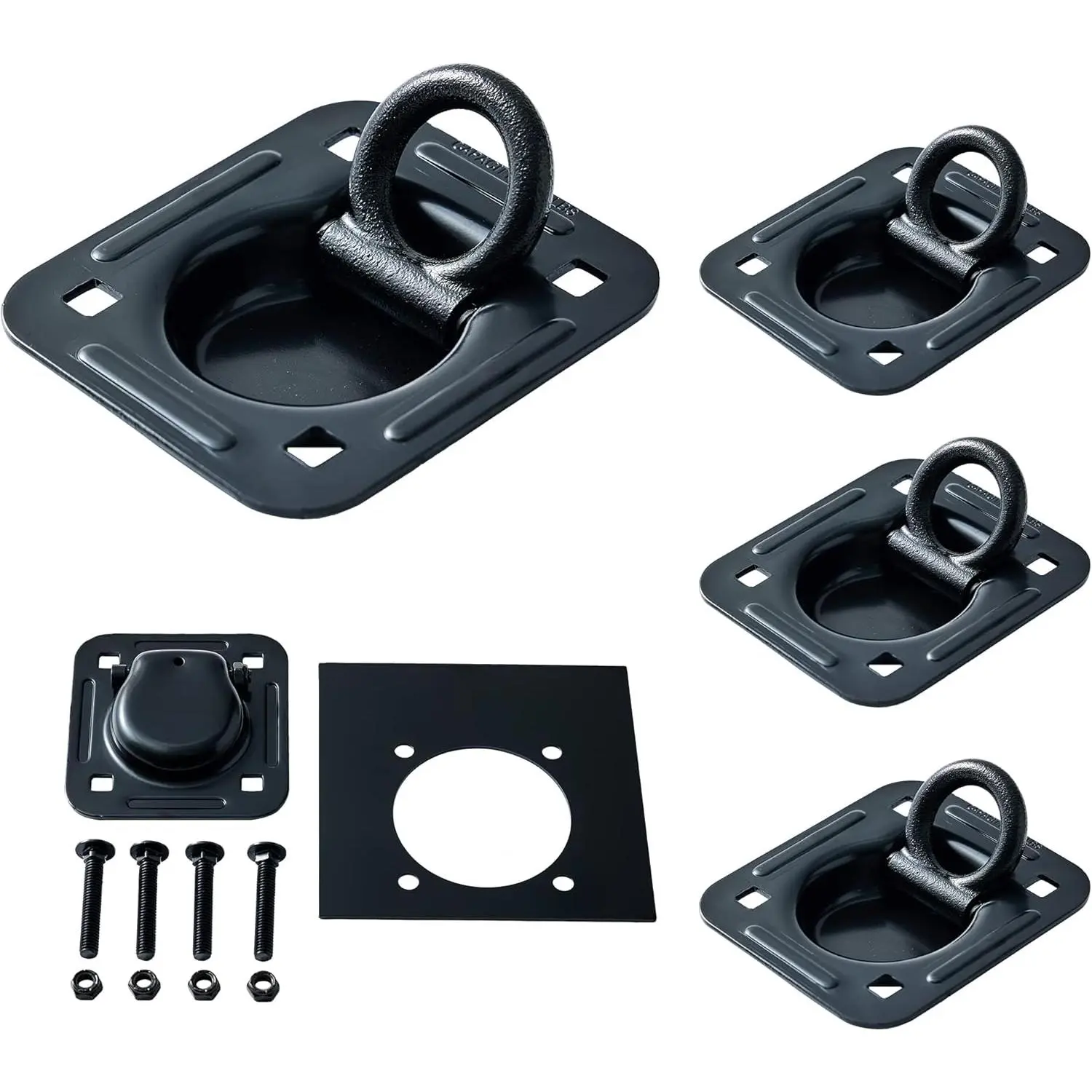 4 Pack Recessed D-Ring Tie Down Anchors - Steel Coated, 6000 lbs/6,000 lbs Capacity, 3" x 3-1/4" Size, Heavy Duty Quick-Install Cargo Secure Kit with 4 Backing Plates, 16 Carriage Bolts, 16 Self-Locking Nuts for Trailers