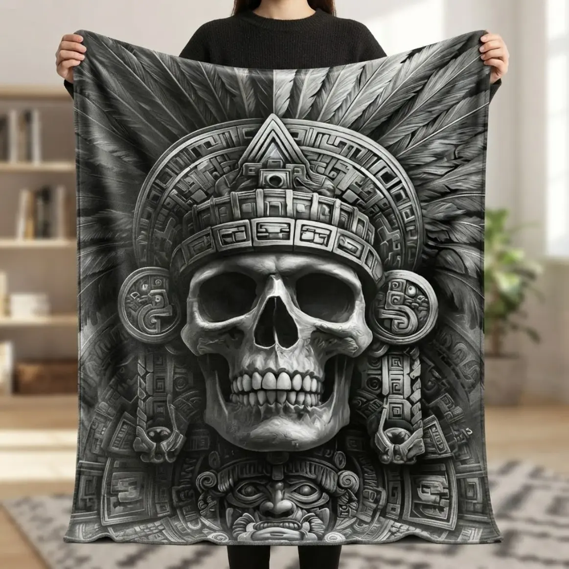 Aztec Skull And Maya Feathered Serpent Print Flannel Blanket Cozy Throw For Adults Kids Bed Decorative Sofa Blanket Native American Inspired Warm Soft Cover Cozy Throw Blanket