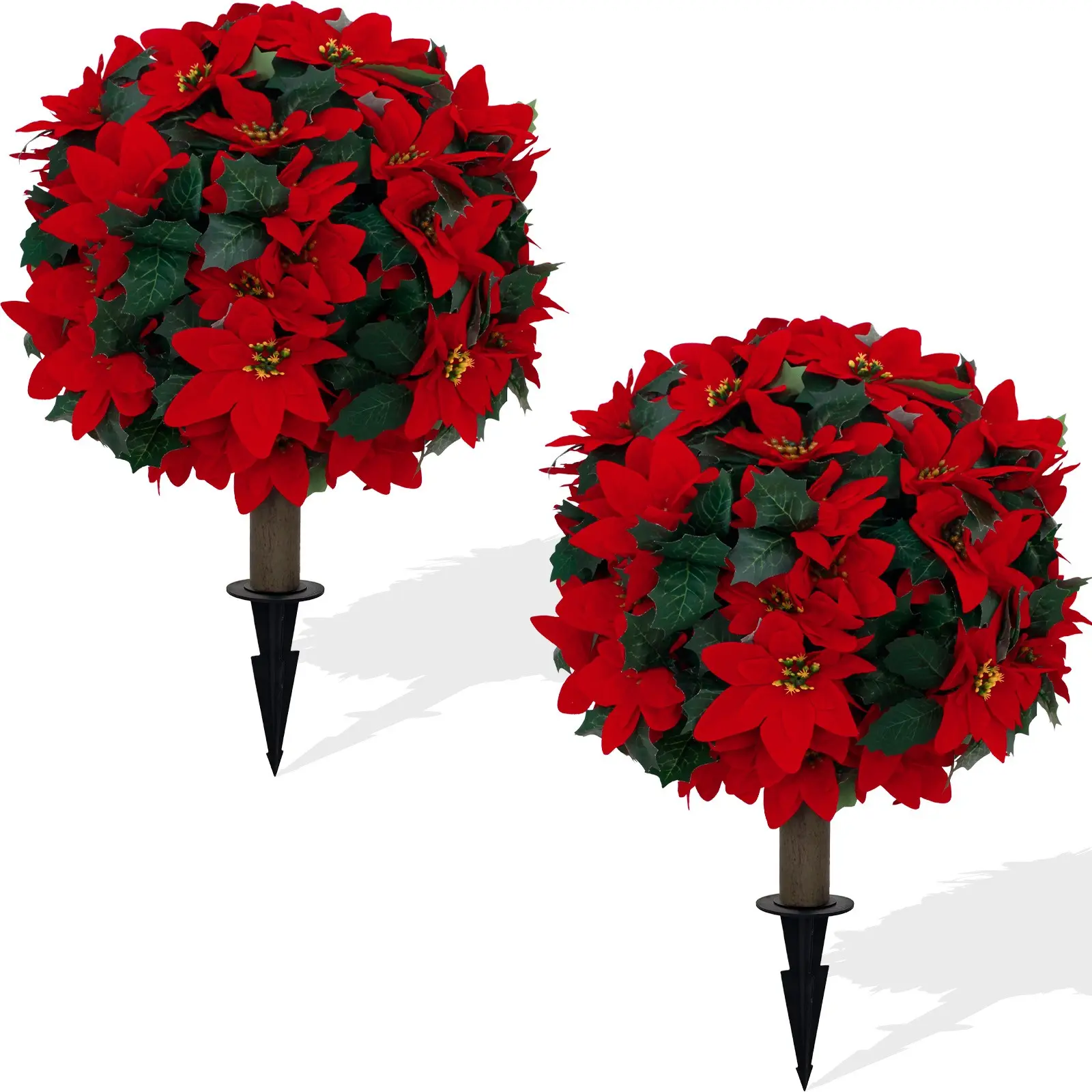 2 Pack Artificial Round Poinsettia Topiary Tree with Detachable Ground Spike, UV Resistant Weatherproof Poinsettia Shrub, Low Maintenance Decor Plant for Front Door, Garden, Patio, Indoor & Outdoor Holiday Decor, Plastic Flower Decoration