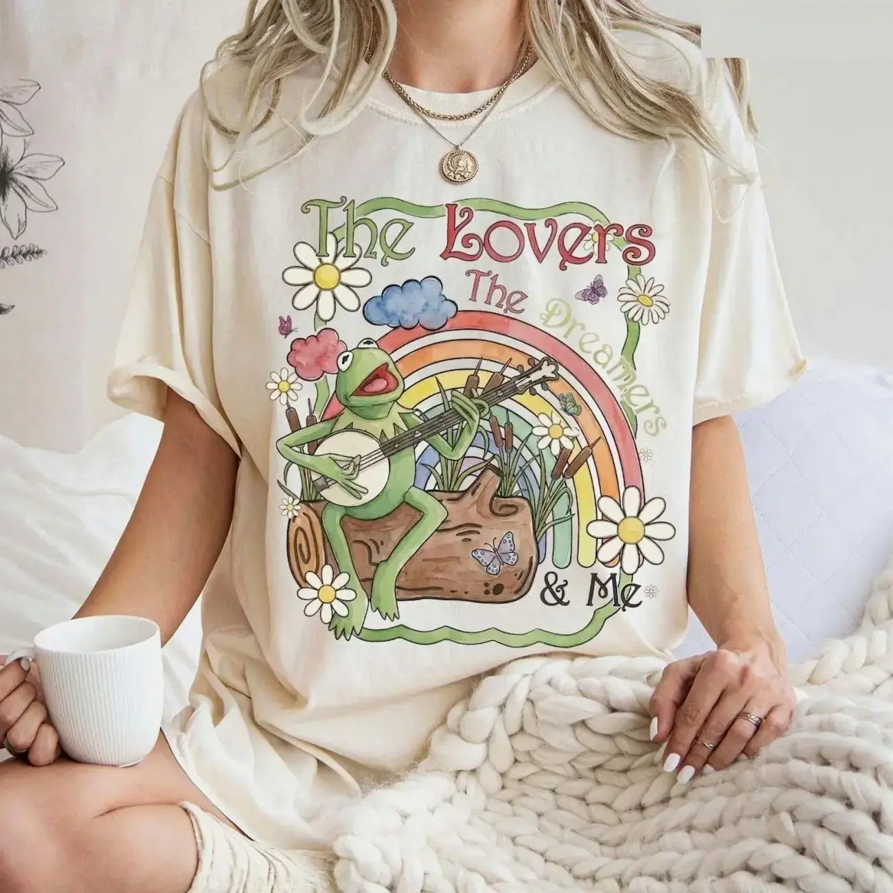 Vintage Watercolor Kermit the Frog Shirt, Muppets Rainbow Tee, "The Lovers The Dreamers and Me", Family Trip Tee 2026 Unisex Womenswear Graphic Tops 546 graphic tee