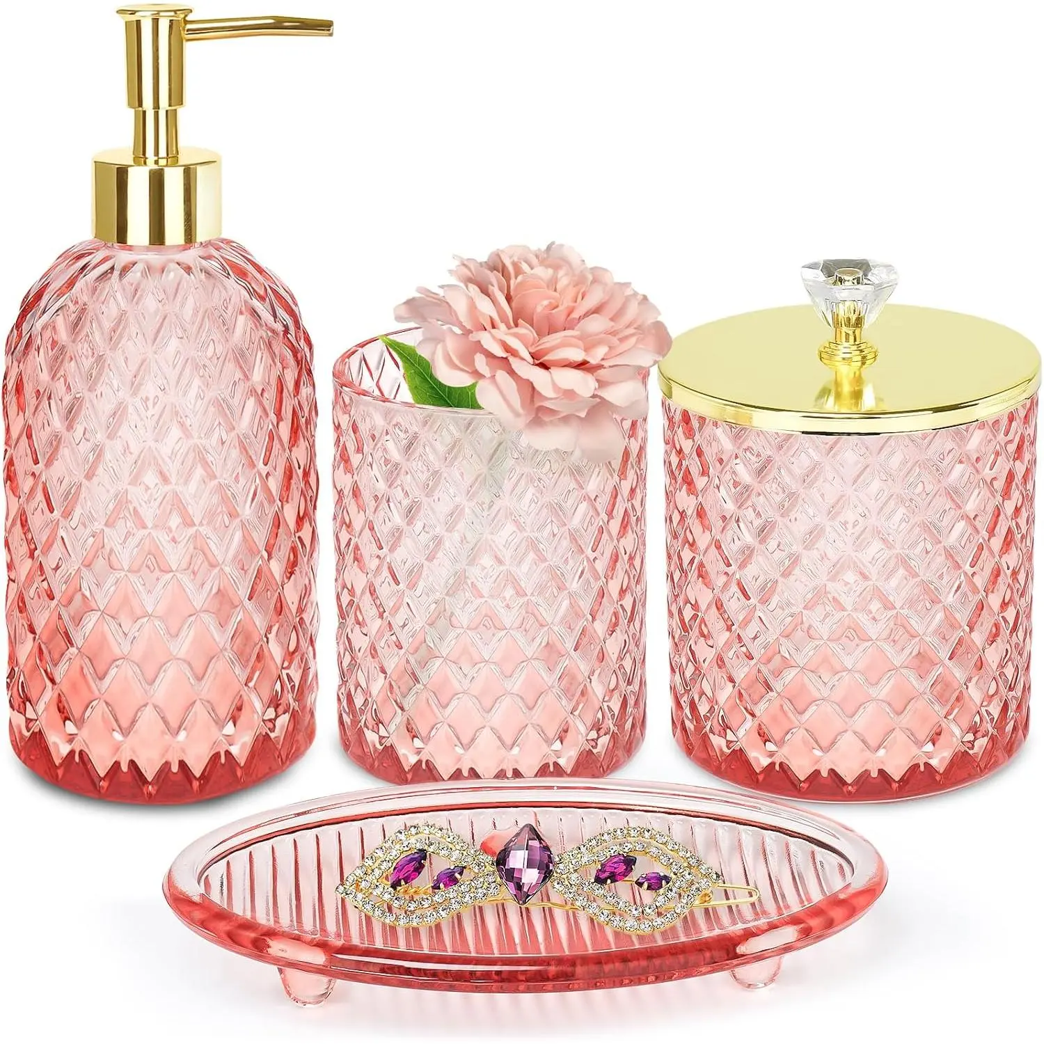 4-Piece Light Pink Glass Bathroom Accessories Set