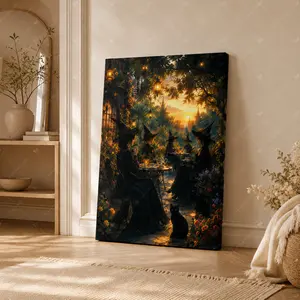 Mystical Sunset Garden Tea Party Canvas Wall Art, Enchanted Gothic Fantasy Poster, Home Decor, Living Room Bedroom Wall Decor, Available as Unframed Canvas Poster or Framed Canvas Wrap