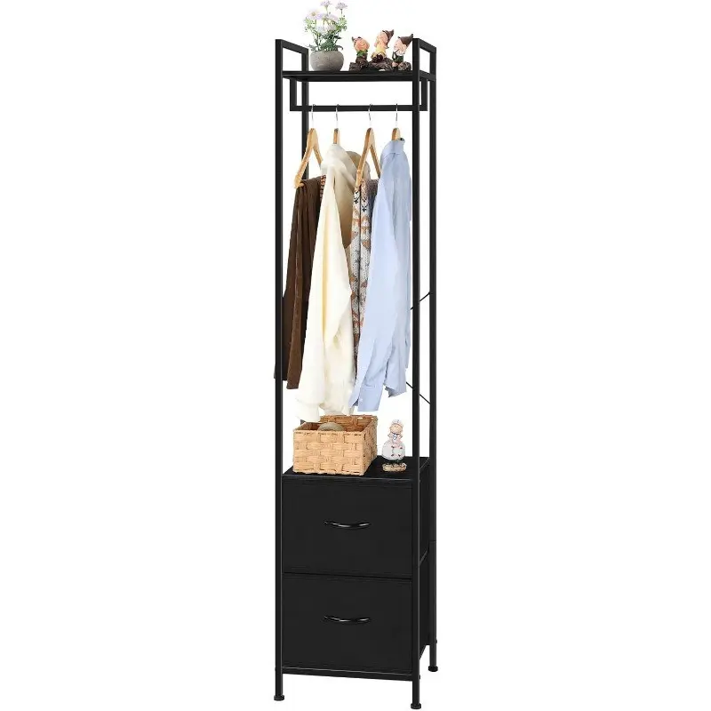 Clothes Rack 3 Tiers Heavy Duty Coat Rack with 2 Fabric Drawers And Storage Shelves Freestanding Cloth Hanger Garment Rack for Bedroom Entryway Living Room