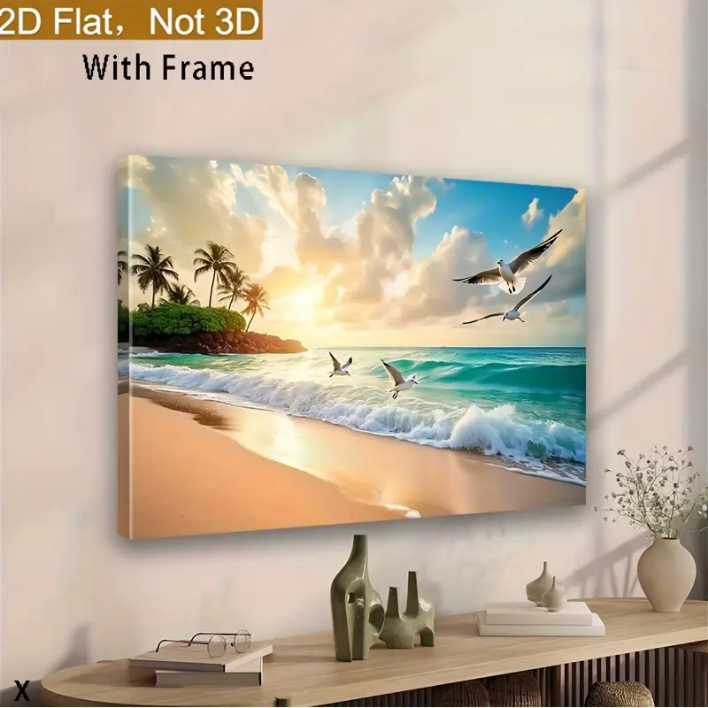 Decorative 1-Piece 2D Flat Wooden Framed Beach Sunset Canvas Art - Seascape Wall Art with Peaceful Seagulls, Tropical Scenery, Ready-to-Hang Home Decor for Living Room, Bedroom, Wardrobe, Thanksgiving & Chinese New Year Gift Option, Valentines Day