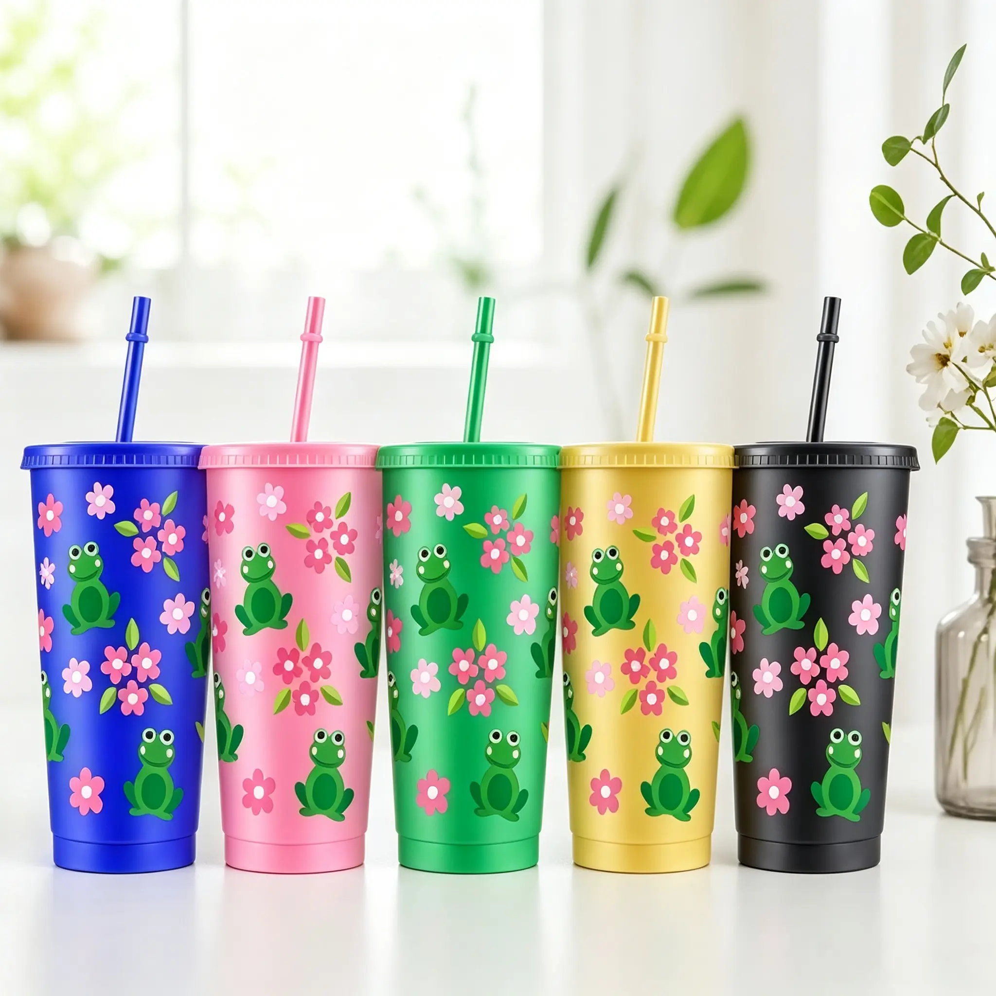 10pcs/24oz/710ml/Plastic Tumblers With Lid And Straw,Iced Coffee Cup,Festival Party Supplies,Whimsical Green Frog Pink Floral Pattern For Festive Gifting And Special Occasions Charming Decorative Element