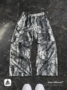 High Street Jungle Camo Pants, Hardcore Leaf Print, Tree Branch & Forest Silhouette, American Streetwear, Outdoor Functional Long Trousers