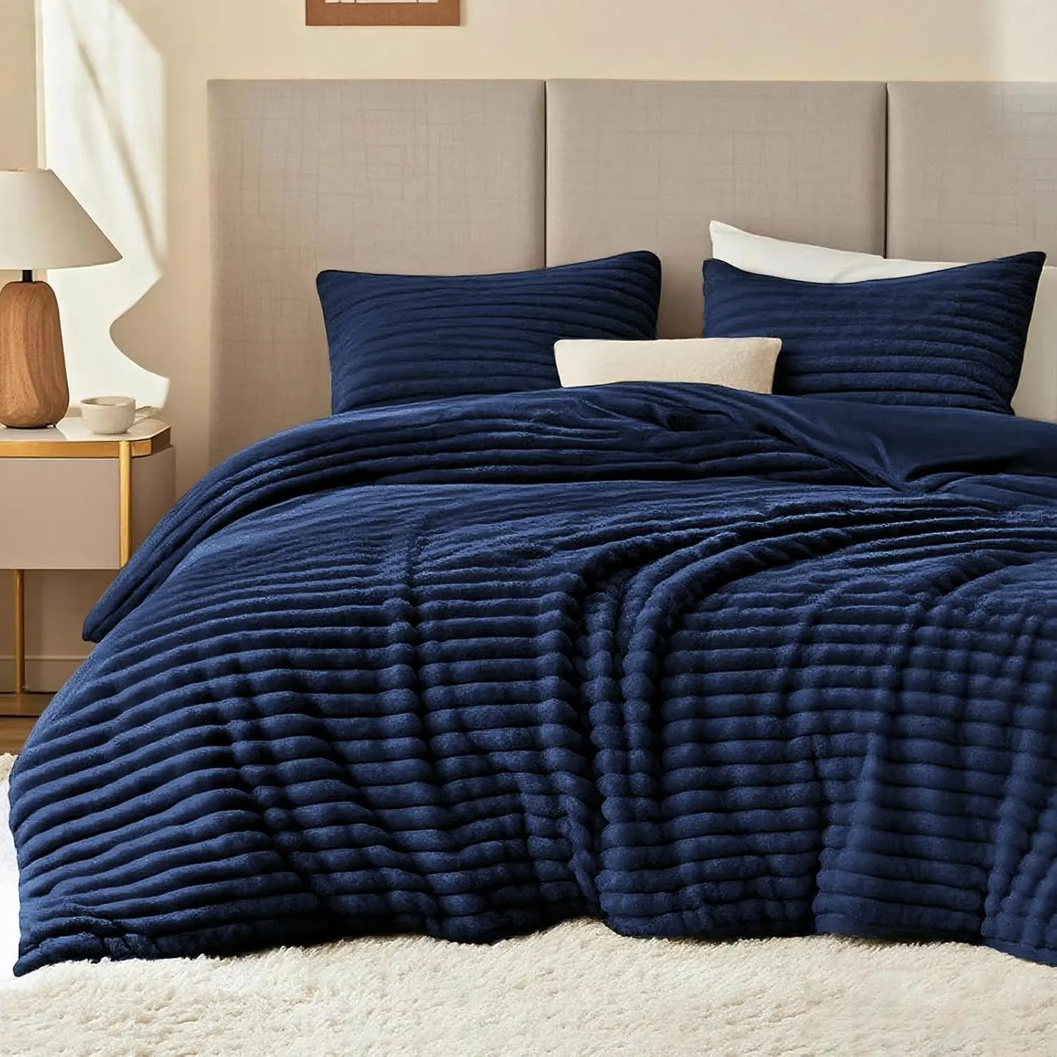 Comforter Set Twin Size - Soft Faux Fur Stripe Comforter 3 Pieces, Navy Blue Fleece Bedding Set,Winter Warm Bed Set,1 Comforter with 1 Pillowcase