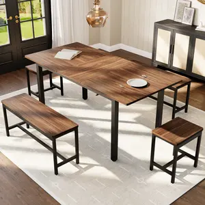 63" Extendable Dining Table Set for 4-8 – MDF Top, Metal Frame – 2 Benches & 2 Stools – Modern Space-Saving Large Kitchen & Dining Room Furniture – Easy Assembly, Black/Brown
