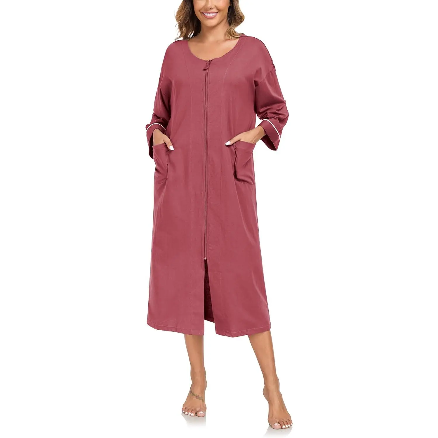 Zipper Robes for Women 3/4 Sleeve Bathrobe Lightweight with Pockets Loungewear