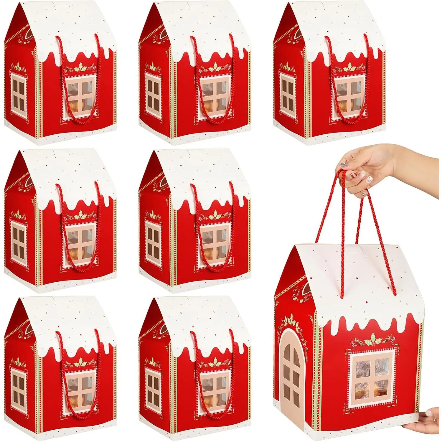 12 Pack Large Christmas Enchanted  Boxes Wonderland Cottage House Shaped Christmas Boxes with Handle,  Agent  Bag Xmas Paper Candy Packaging Box, 11.8 x 7.9 x 7inches